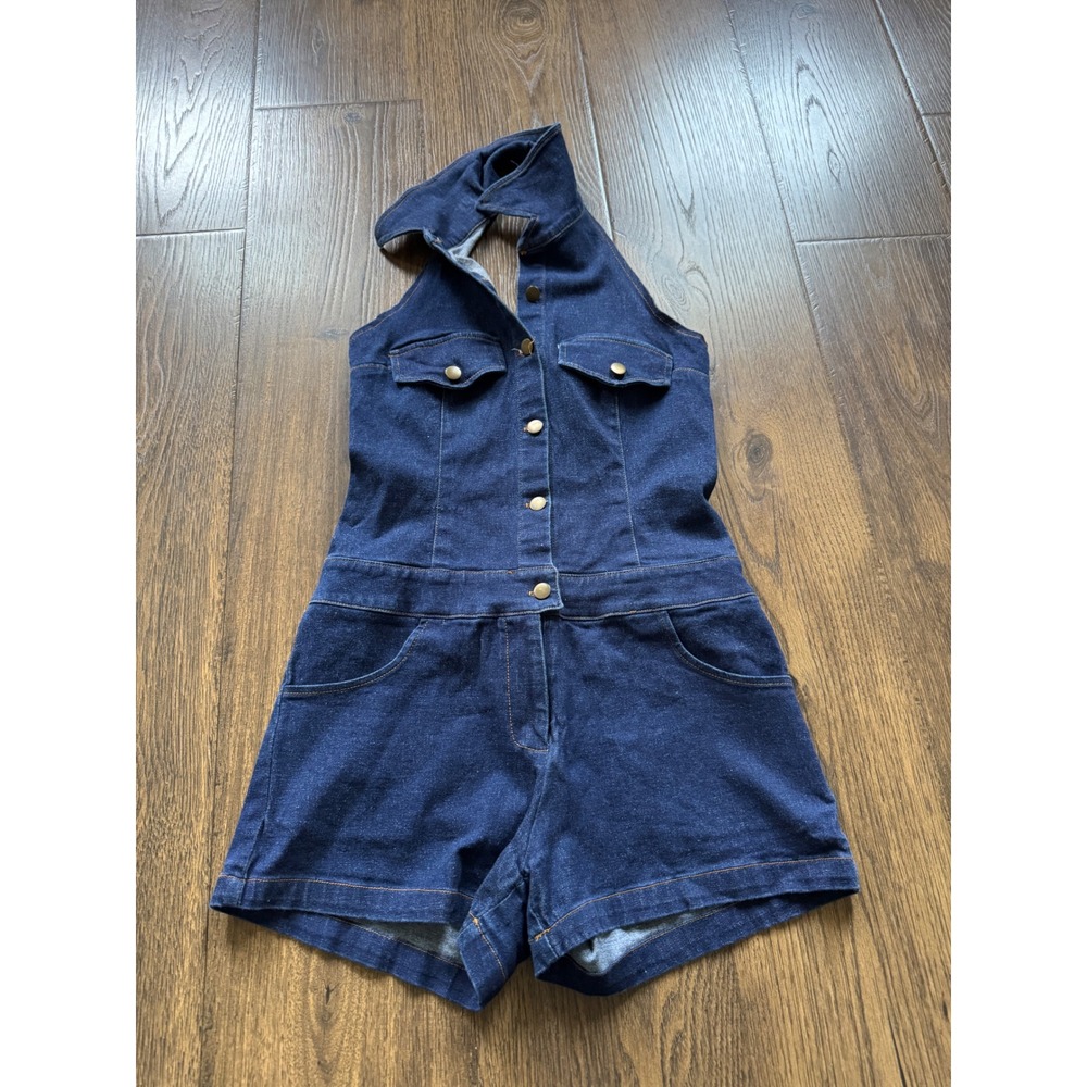 Hailee Dark Wash Denim Halter Neck Romper Button Front Sleeveless Blue M USA